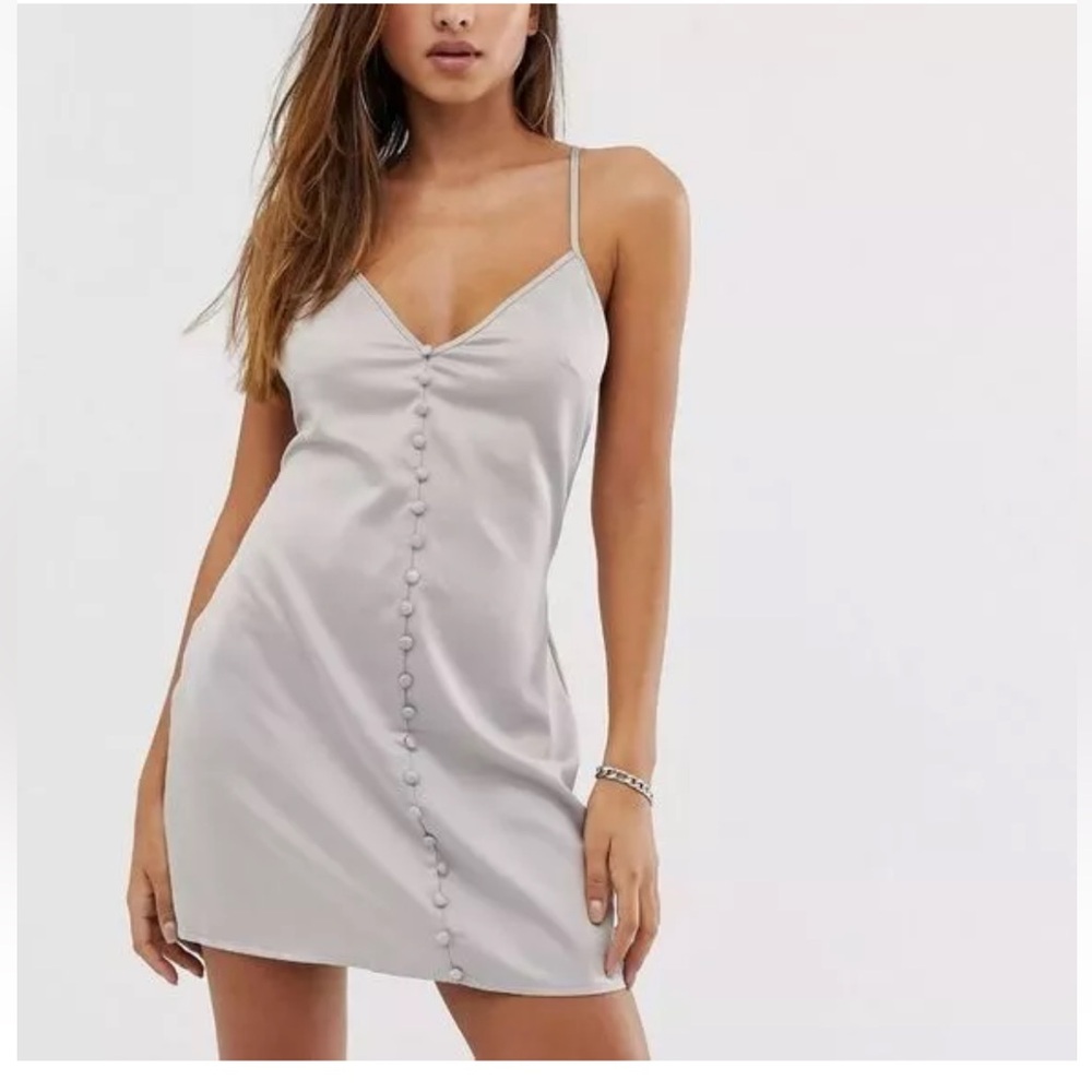 Missguided button through mini dress in silver satin Size 12